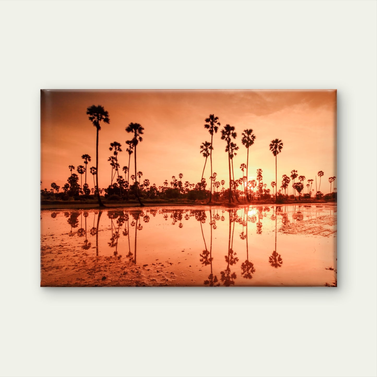 Warm Orange and Gold Sunset Silhouetting Palm Trees Reflection Wall Art Decor 100% Australian Made