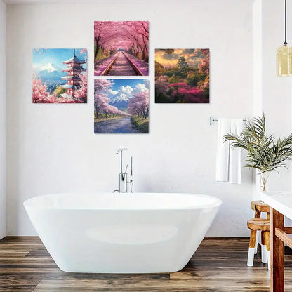 4pcs Mt. Fuji Posters, Cherry Blossom Wall Art Canvas Framed