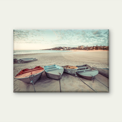 Aluminum boats resting in Coogee beach, Sydney, New South Wales (NSW), Australia Neutral Canvas Print Wall Art Decor 100% Australian Made