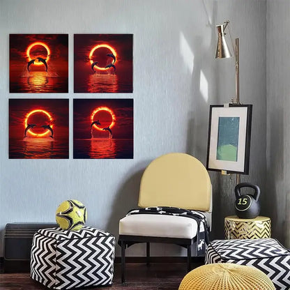 4pcs   Puffer sunset theme  SUN  Wall Art Canvas Framed