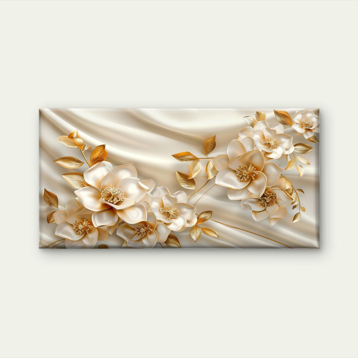 Golden Silken Floral Grace Wall Art Canvas Office Home Room Framed 120x60cm