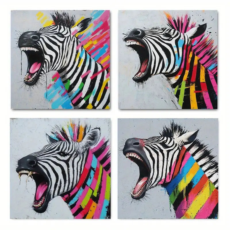4pcs Vibrant Zebra  Wall Art Canvas Framed