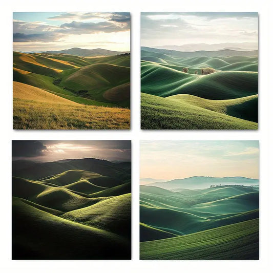 4pcs  Vibrant Green Hills & Sunset Scenery Wall Art Canvas Framed