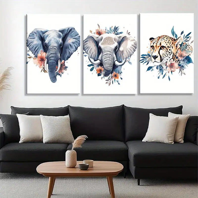 3pcs Featuring Elephant and Cheetah with Floral Accents Metal Print Ready to Hang Art