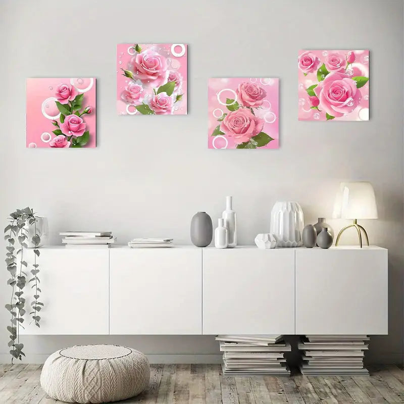 4pcs Drops Of Water On The Pink Roses Wall Art Canvas Framed