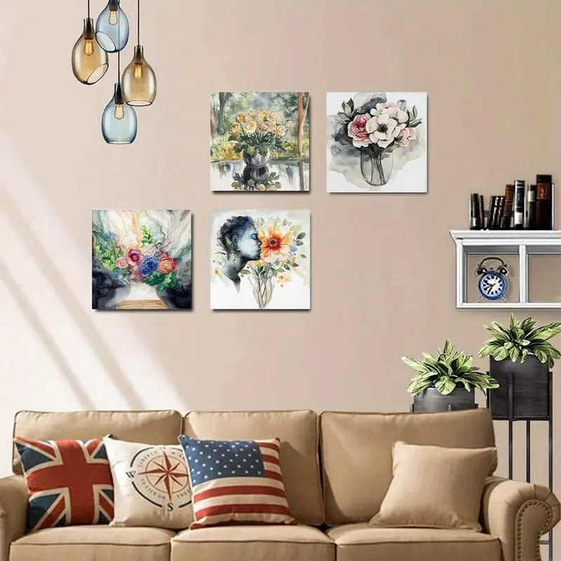 4pcs Vintage White Flower Printing Wall Art Canvas Framed