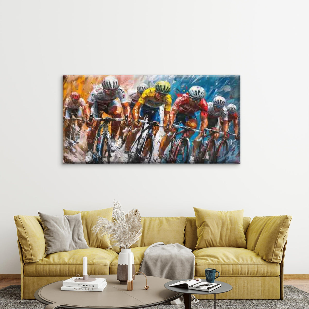Cyclists in Dynamic Motion, Wall Art Canvas Office Home Room Framed 120x60cm