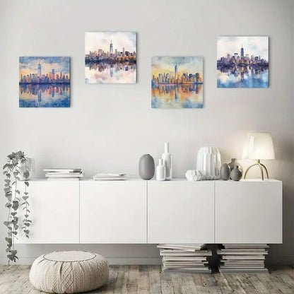 4pcs Abstract New York City skyline reflected Wall Art Canvas Framed