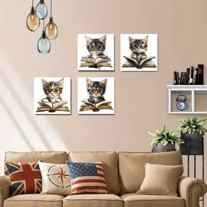 4pcs Whimsical Cat Reading Books With Glasses Wall Art Canvas Framed