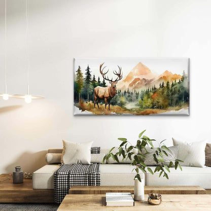 Deer in a Forest Mountain Scen Wall Art Canvas Office Home Room Framed 120x60cm