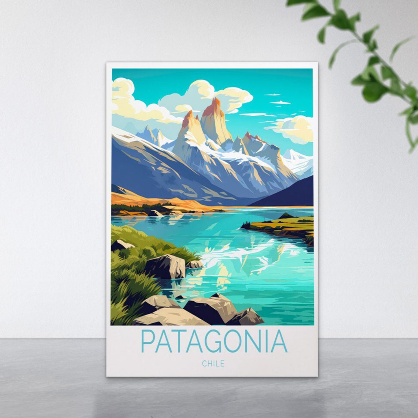 Patagonia Chile, River & Mountains Art Travel Poster Print Wall Art