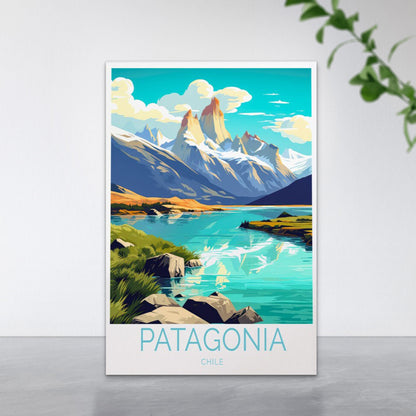 Patagonia Chile, River & Mountains Art Travel Poster Print Wall Art