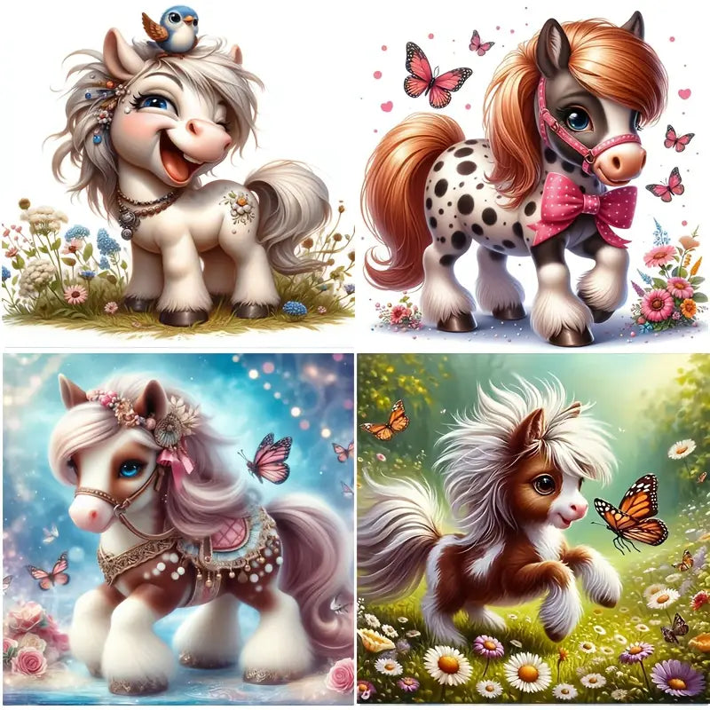 4pcs Horse Flower Animal Wall Art Canvas Framed