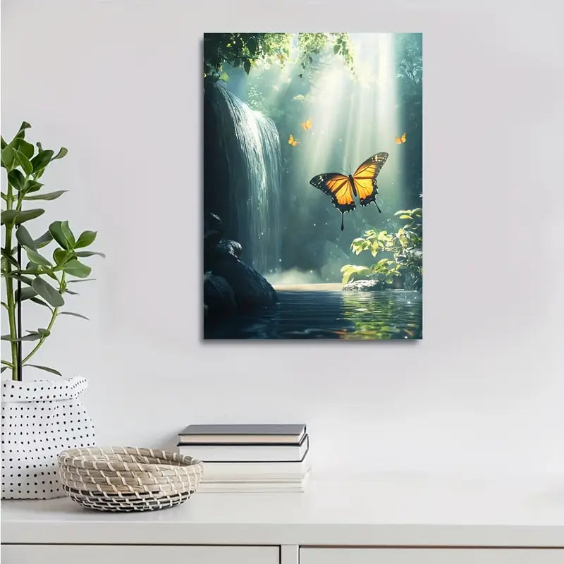Surreal Butterfly & Waterfall Painting with Morning Mist 40x60cm Metal Print Ready to Hang