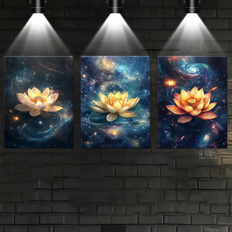3pcs Watercolor Magical for Lotus Painting Metal Print Ready to Hang Art