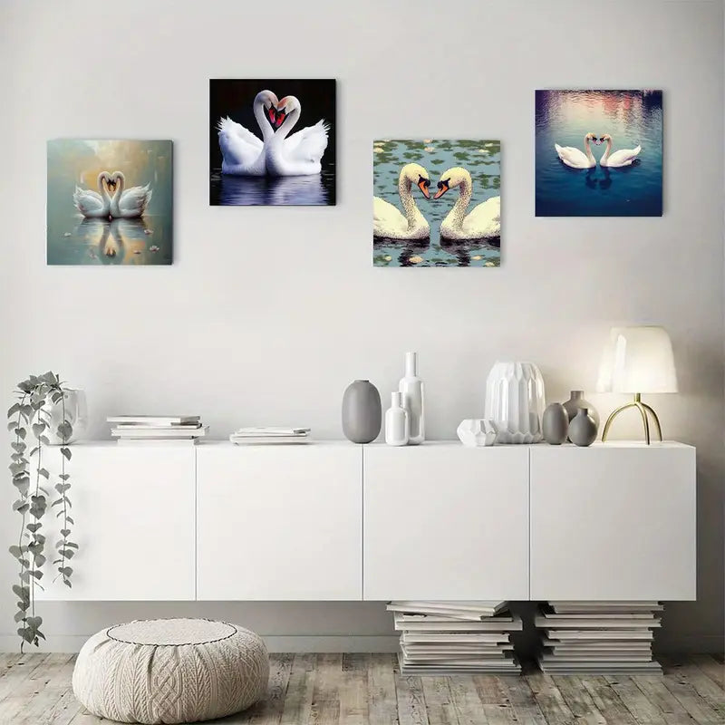4pcs Elegant Two Swans In Pond Wall Art Canvas Framed