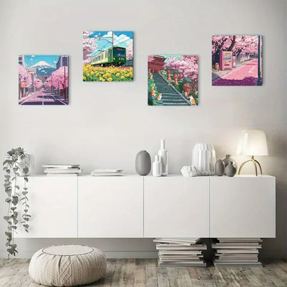 4pcs Blossom Road in Japanese City   Wall Art WD  Wall Art Canvas Framed