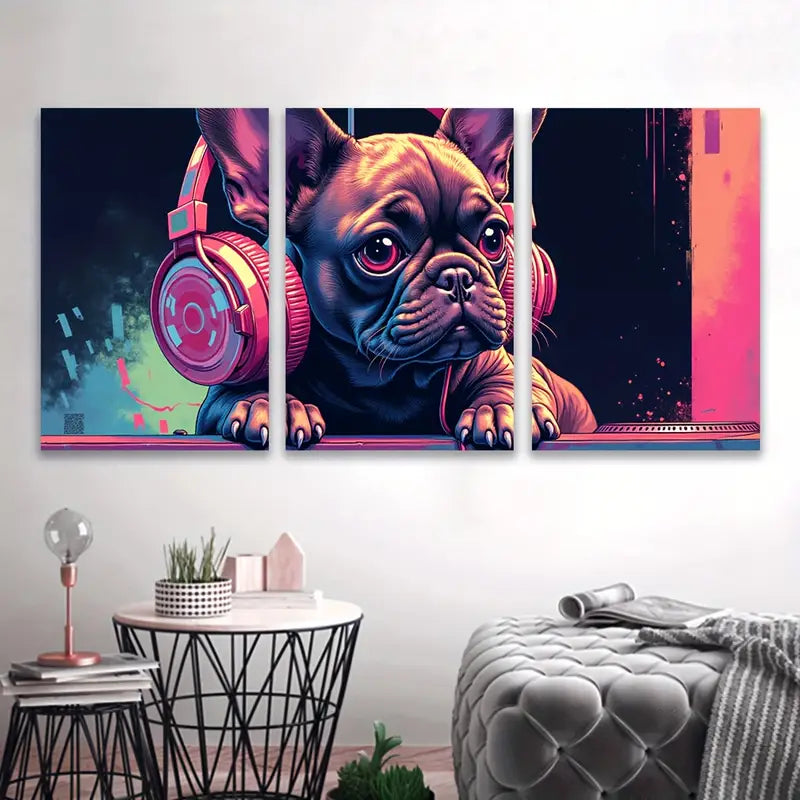 3pcs French Bulldog with Headphones Art Wall Art Set Canvas Framed 60x90cm - High Quality Print 100% Australian Made Wall Canvas Ready to Hang
