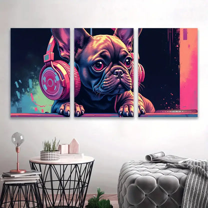 3pcs French Bulldog with Headphones Art Wall Art Set Canvas Framed 50x70cm - High Quality Print 100% Australian Made Wall Canvas Ready to Hang