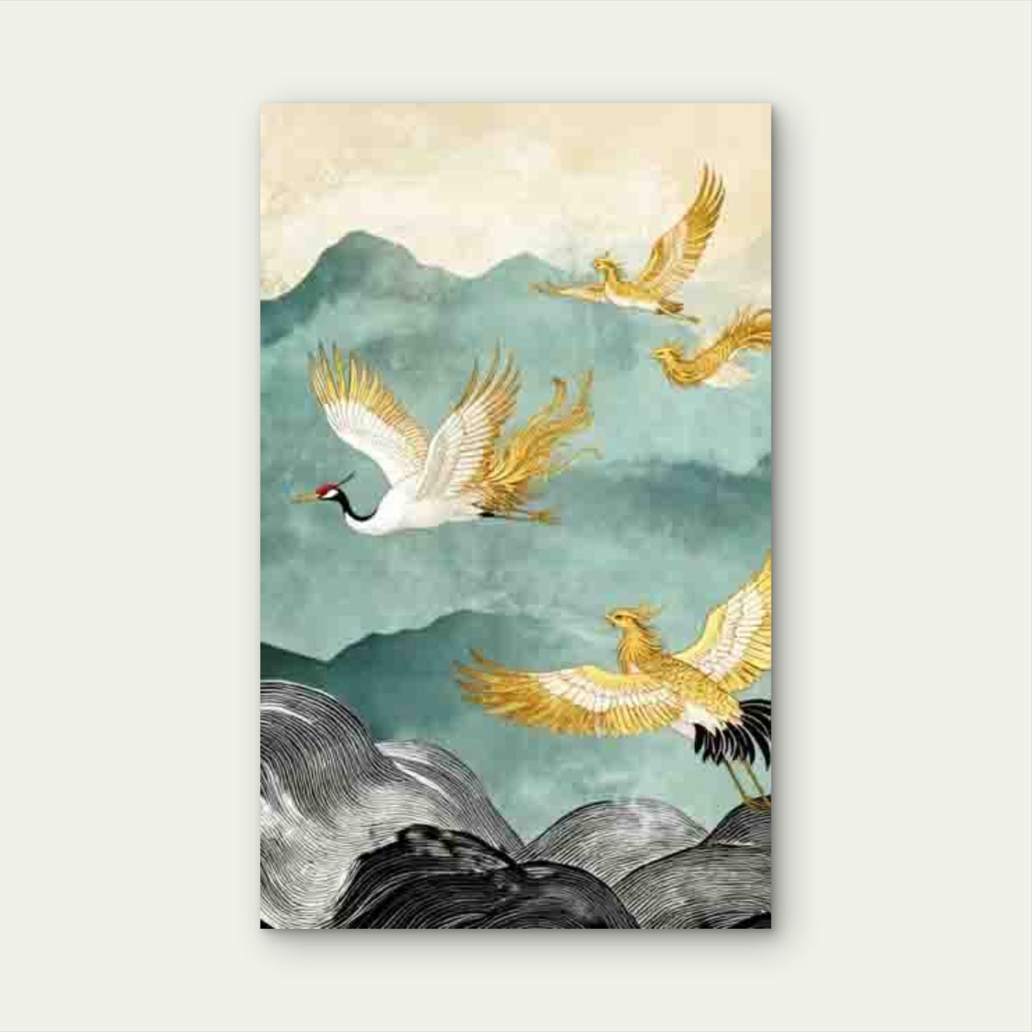 Golden & White Cranes & Landscape Metal Print Ready to Hang