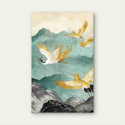 Golden & White Cranes & Landscape Metal Print Ready to Hang