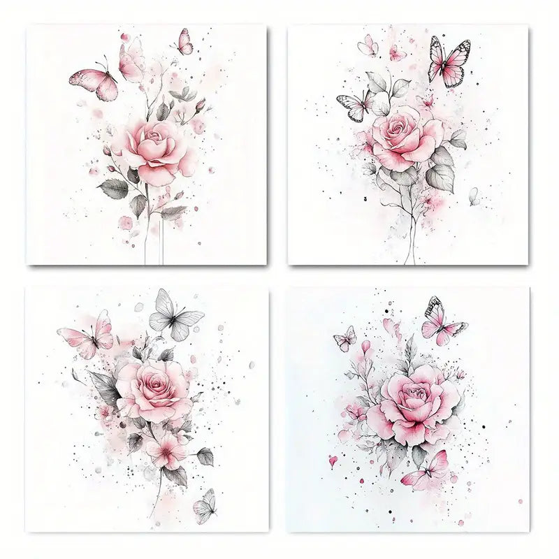 4pcs Floral Pink Elegant Modern Home Wall Art Canvas Framed