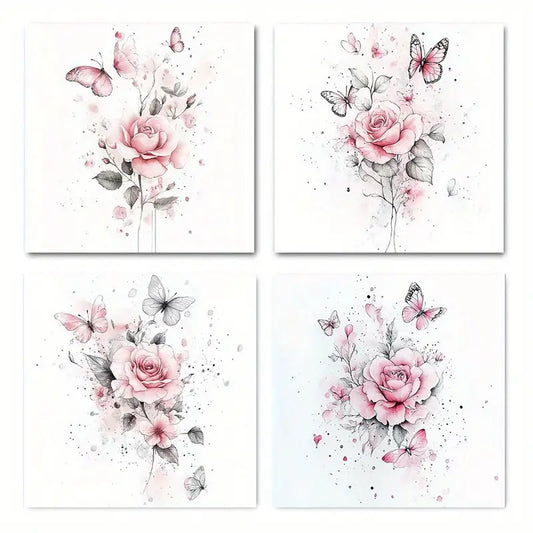 4pcs Floral Pink Elegant Modern Home Wall Art Canvas Framed