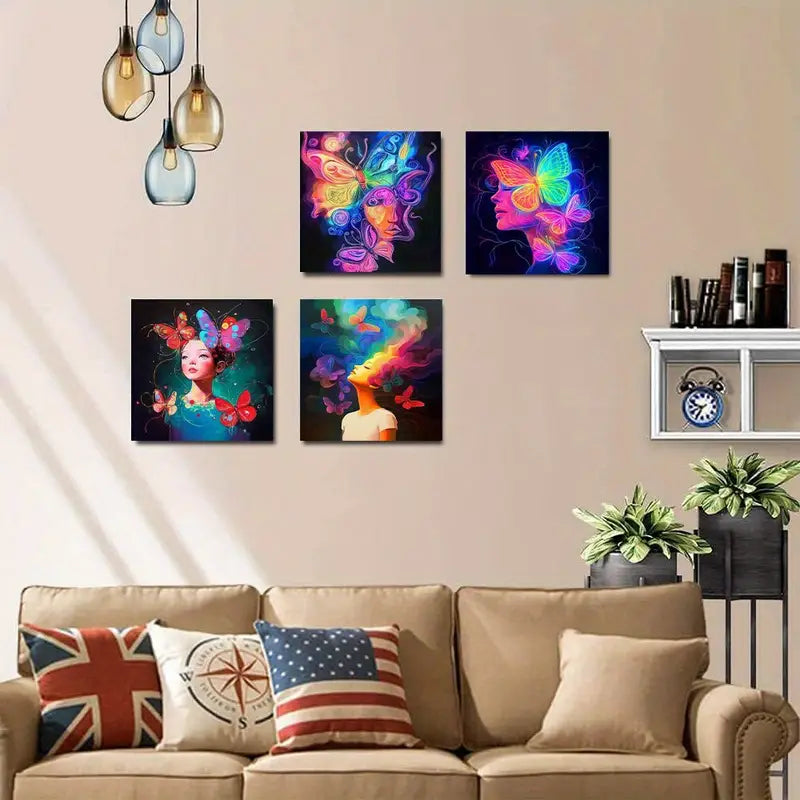 4pcs Glowing ButterflyWall Art Canvas Framed