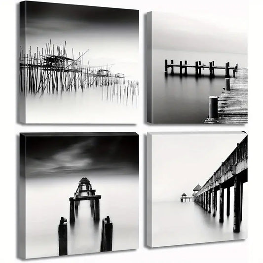4pcs  Black and White Coastal Beach Wall Art Canvas Framed