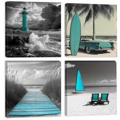 4pcs Ocean Waves Poster,  Wall Art Canvas Framed