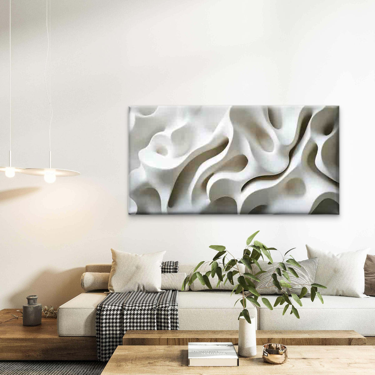 White Organic Abstract Line Art Wall Art Canvas Office Home Room Framed 120x60cm