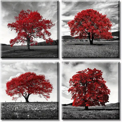 4pcs Red Tree  Wall Art Canvas Framed
