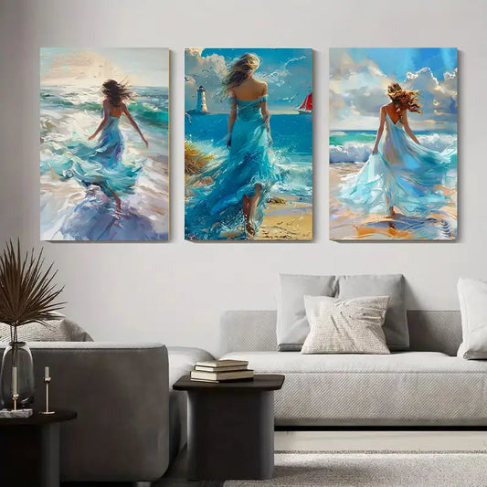 3pcs Ocean Waves & Pine Trees Painting In Turquois Metal Print Ready to Hang Art