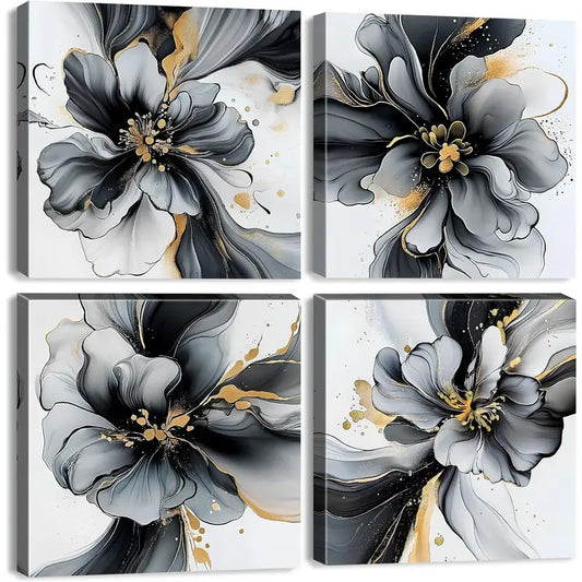 4pcs Golden Foil Fluid Lines Wall Art Canvas Framed