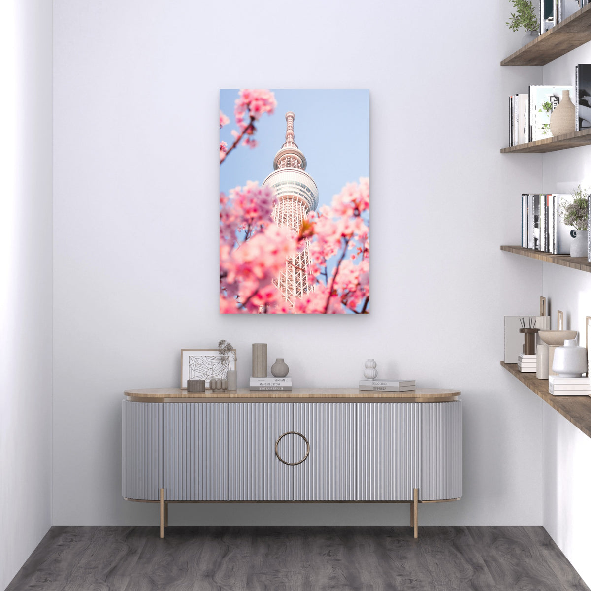 Tokyo Skytree Framed By Cherry Blossoms In Full Bloom 40x60cm Metal Print Ready to Hang