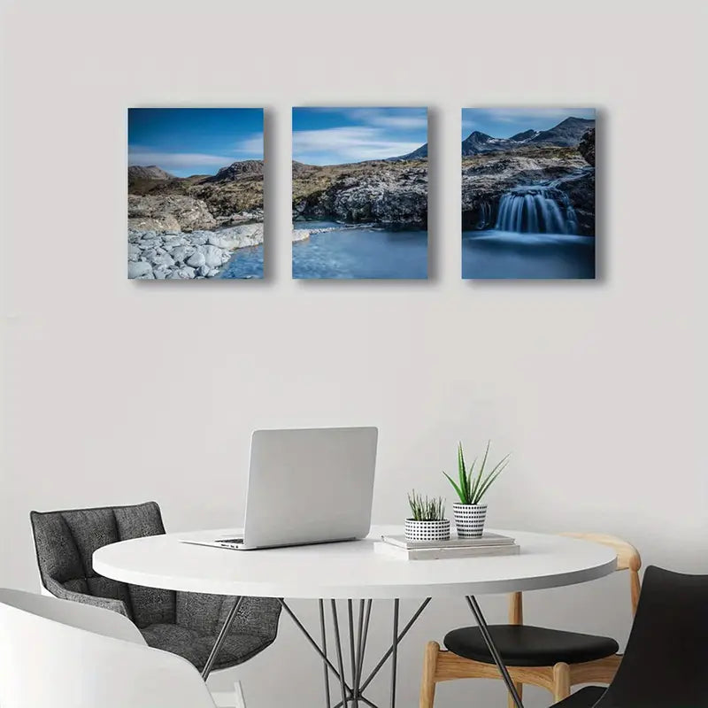 3pcs Cascading Waterfall In Rocky Mountains Landsc Metal Print Ready to Hang Art