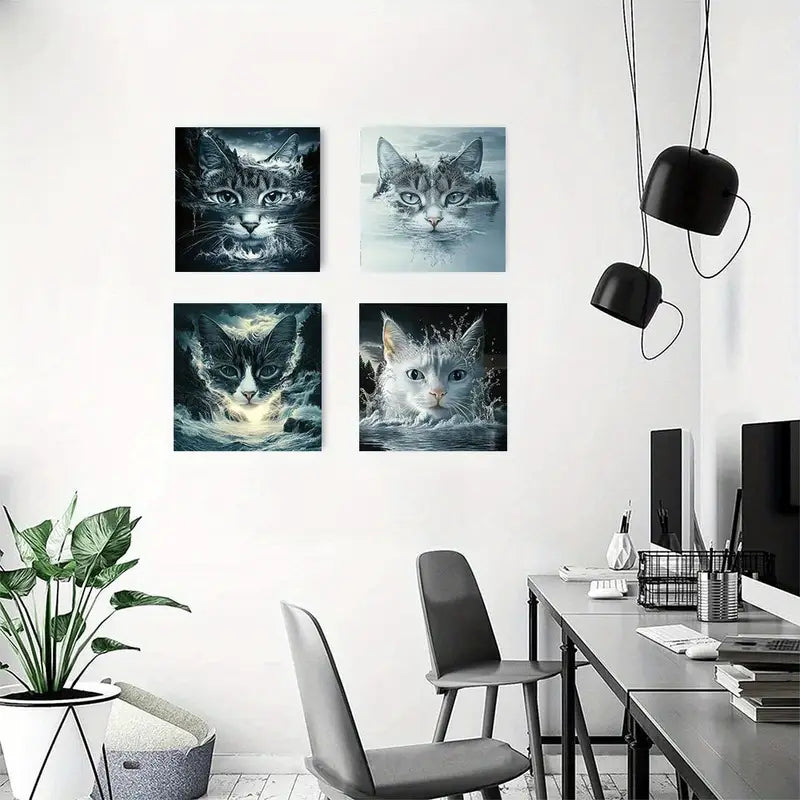 4pcs  Abstract Cat Landscape Rustic Wal SD   Wall Art Canvas Framed