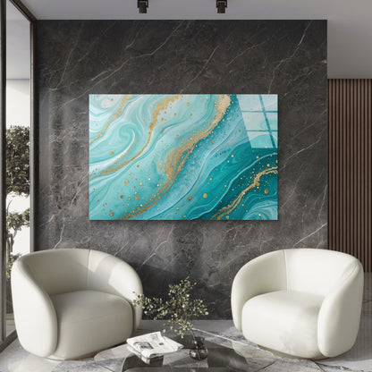 Turquoise Gold Abstract Tempered Glass Printing Wall Art Australian Made Quality