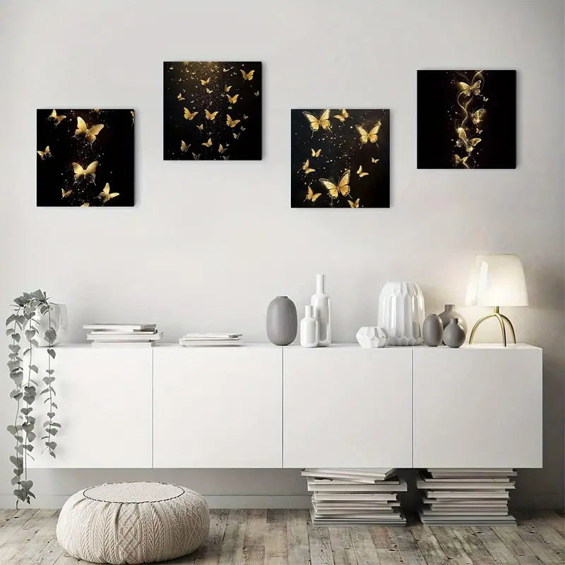 4pcs Abstract Golden Butterfly  Wall Art Canvas Framed