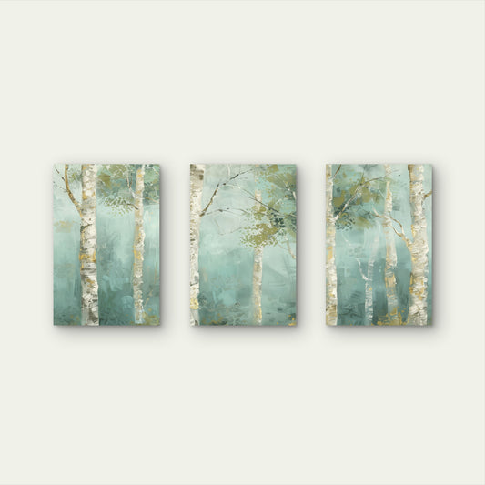 3pcs Misty Birch Tree Sage Green Forest Wall Art Set Canvas Framed 50x70cm - High Quality Print 100% Australian Made Wall Canvas Ready to Hang