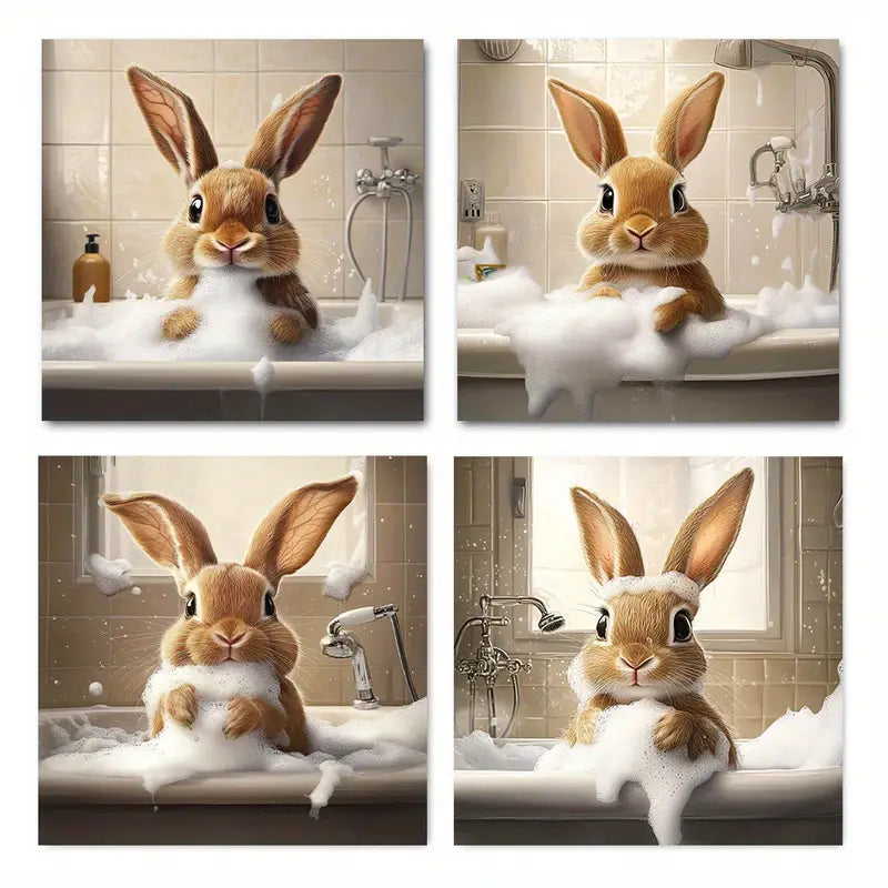 4pcs Cute Rabbit Bath Time Series Wall Art Canvas Framed