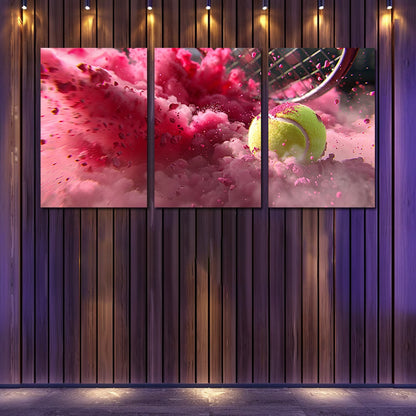 3pcs yellow tennis ball impacting a racket Wall Art Set Canvas Framed 60x90cm - High Quality Print 100% Australian Made Wall Canvas Ready to Hang
