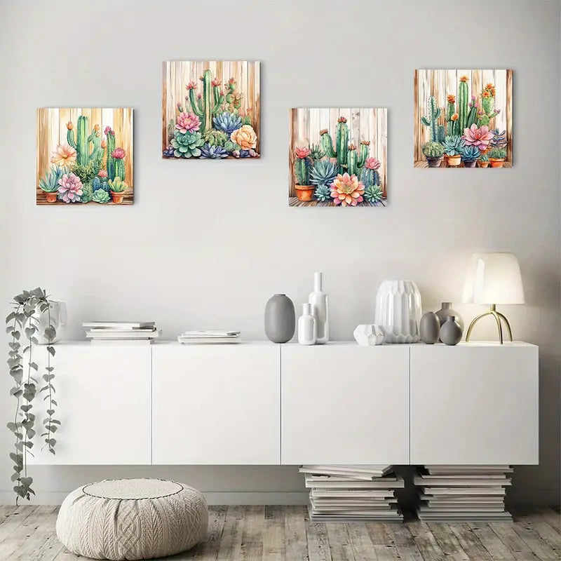 4pcs Fleshy Spiny Flowers, Vibrant Colors Wall Art Canvas Framed