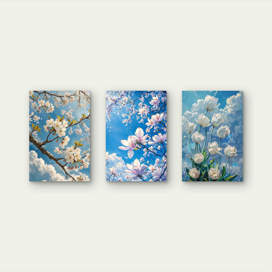 3pcs Blue Cherry Blossom Magnolia Tulip Flower Wall Art Set Canvas Framed 50x70cm - High Quality Print 100% Australian Made Wall Canvas Ready to Hang