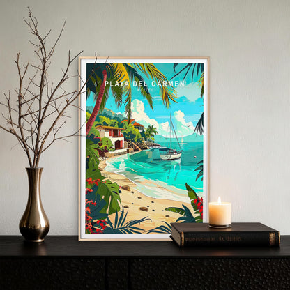 Playa Del Carmen Mexico, Beach and Palms Travel Poster Print Wall Art