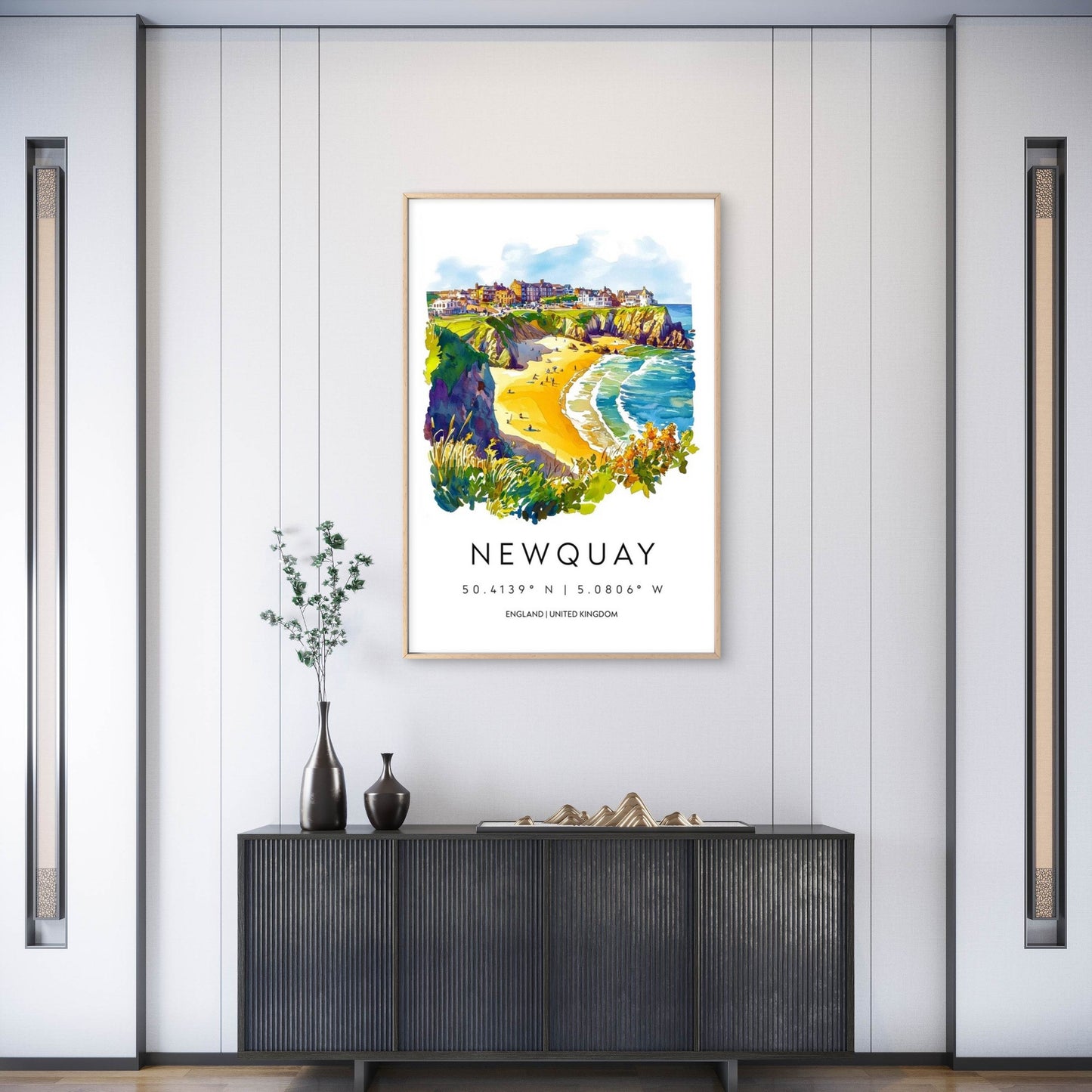 Coastal Cliffs Overlooking Newquay Beach England Travel Poster Print Wall Art