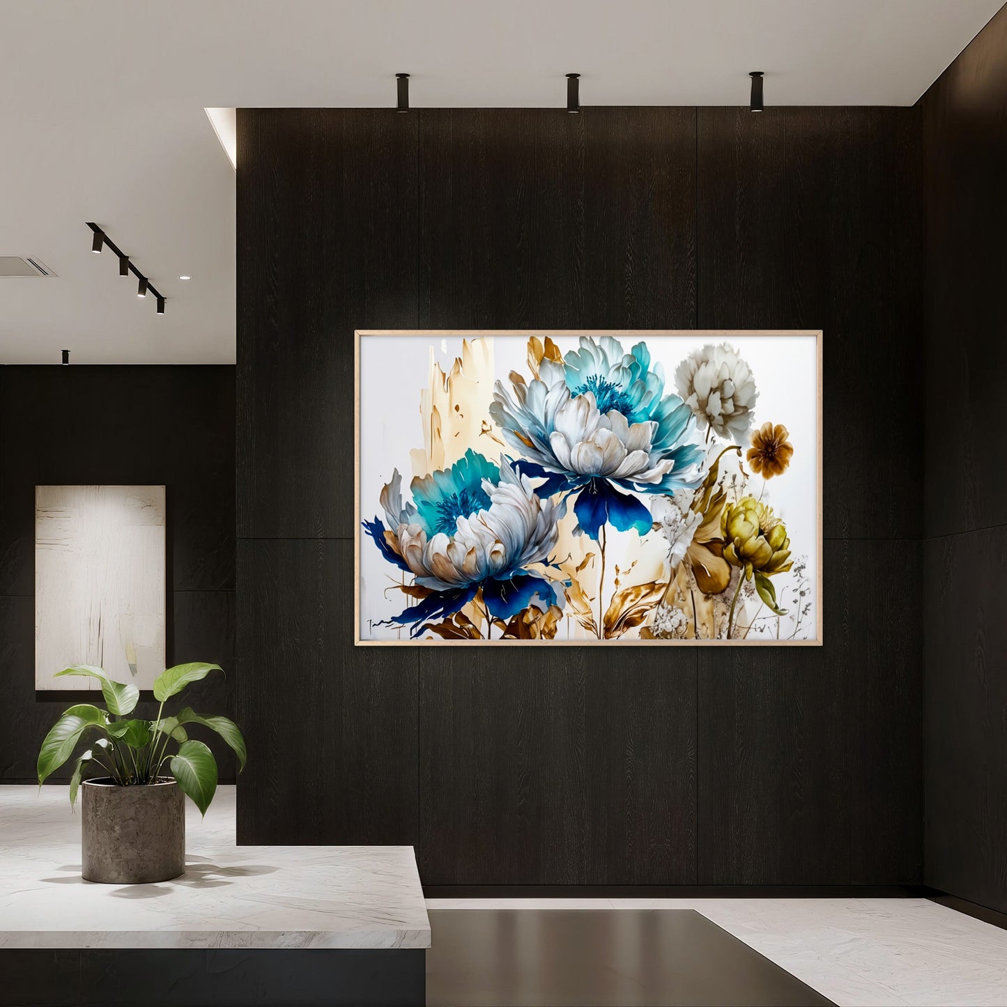 Botanical Flowers Gold Blue Design Wall Art Decor 100% Australian Made