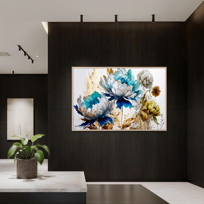 Botanical Flowers Gold Blue Design Wall Art Decor 100% Australian Made