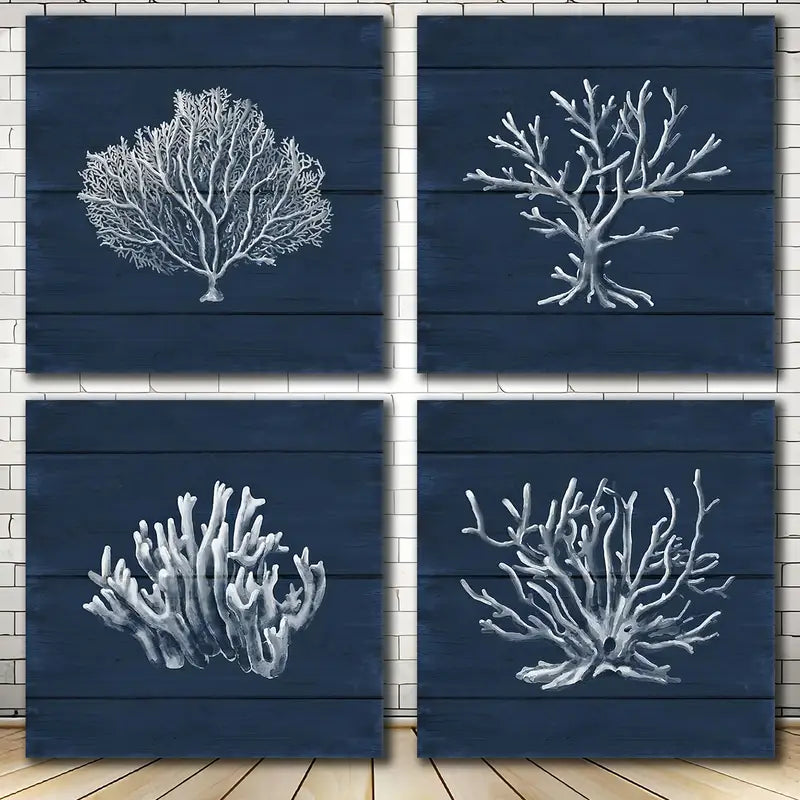 4pcs Coral Ocean Navy Blue Coastal Wall Art Canvas Framed
