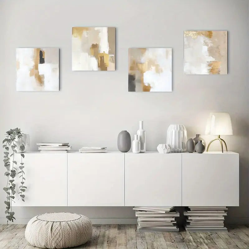 4pcs Beige Golden Abstract Square Elegant Wall Art Canvas Framed